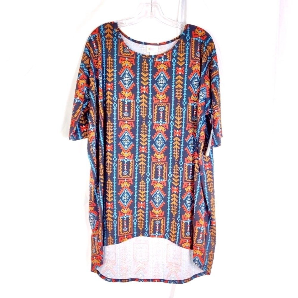 NEW LuLaRoe "Irma" Tunic Top T Tee Shirt Dress Women Sz Large Black w/ Geo Print